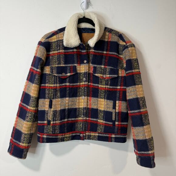 Levi's Women's Wool Trucker Jacket Plaid Red Blue Sherpa Snap Small - Picture 1 of 9